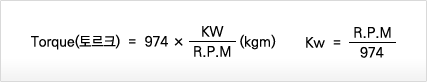 토르크 = 974 × KW/R.P.M(kgm)     Kw = R.P.M/974